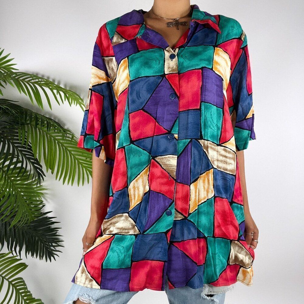 Vintage 80s 90s Multicolor Abstract Patchwork Retro Artsy Short Sleeve Shirt / L